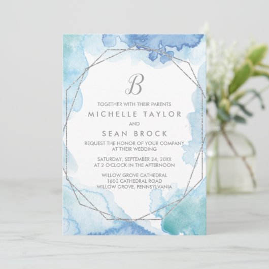 Geometrische Waterverf Zilvermonogram Weddenschap Kaart (Staand voorkant)