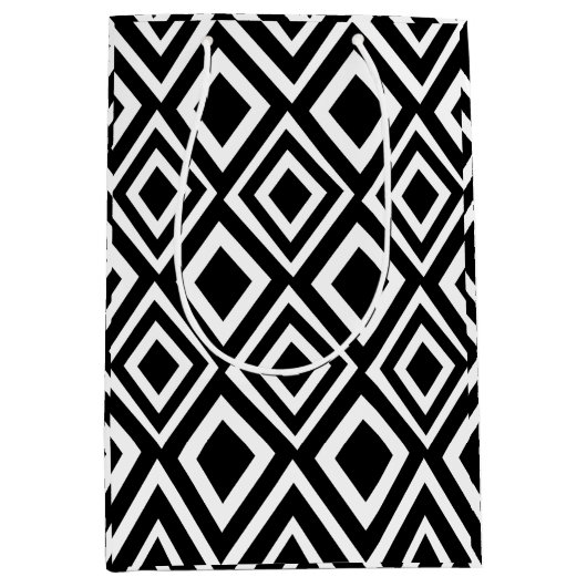 Geometrische weergave van zwart en wit diamant medium cadeauzakje (Voorkant)
