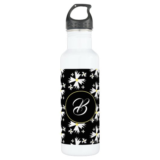 Geometrische White Daisy Floral Illustration Monog Waterfles (Voorkant)