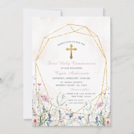 Geometrische Wildflower Eerste Heilige Communie Kaart (Voorkant)