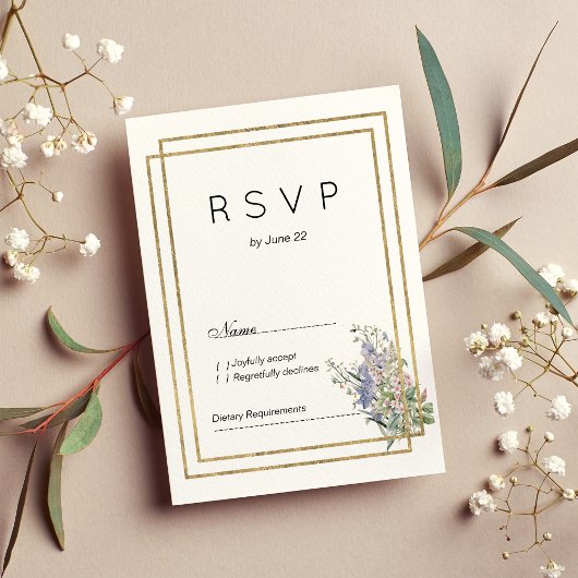 Geometrische witgouden lavendel roze bloemen RSVP Kaart