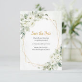 Geometrische witte bloemsalie save the date (Staand voorkant)