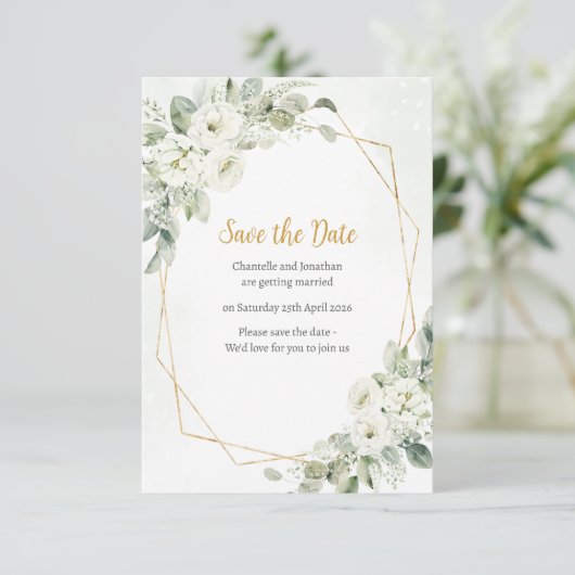 Geometrische witte bloemsalie save the date (Staand voorkant)