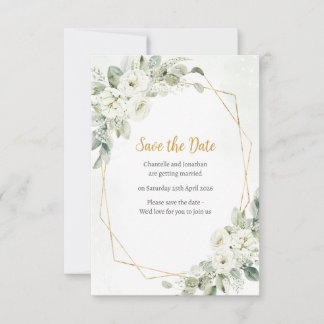Geometrische witte bloemsalie save the date