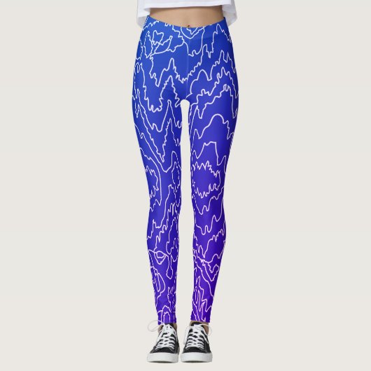Geometrische witte bochtige lijnen op blauw leggings (Voorkant)