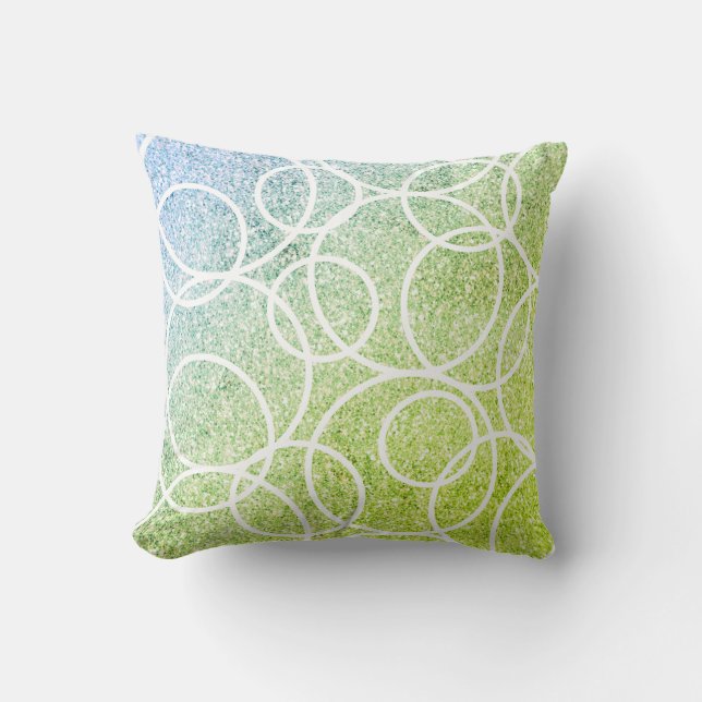 Geometrische witte cirkels blauw groen glitter kussen (Voorkant)