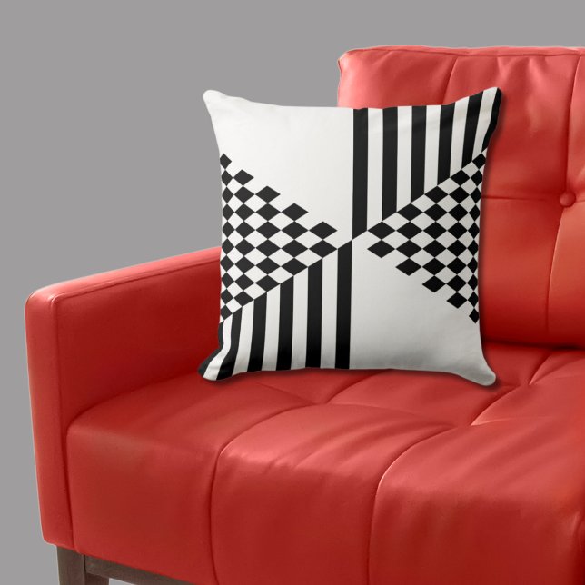Geometrische witte en zwarte Stripes Diamond Check Kussen (Geometric White & Black Stripes Diamond Checkers Throw Pillow)