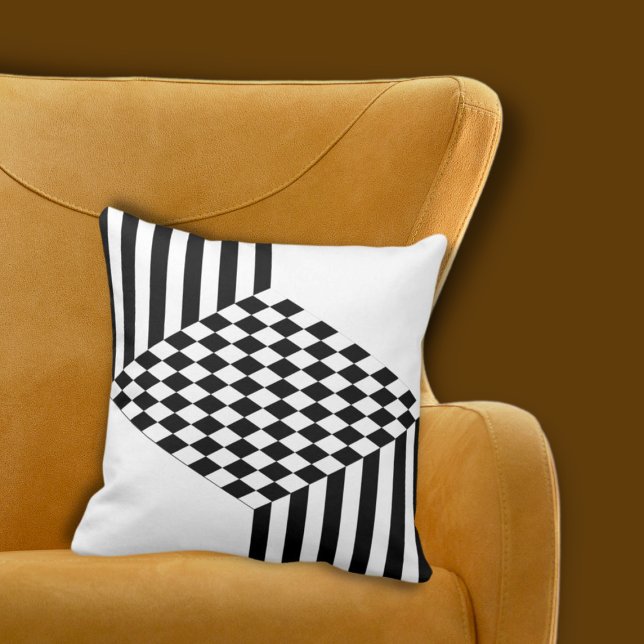 Geometrische witte en zwarte Stripes Diamond Check Kussen (Geometric White & Black Stripes Diamond Checkers Throw Pillow)