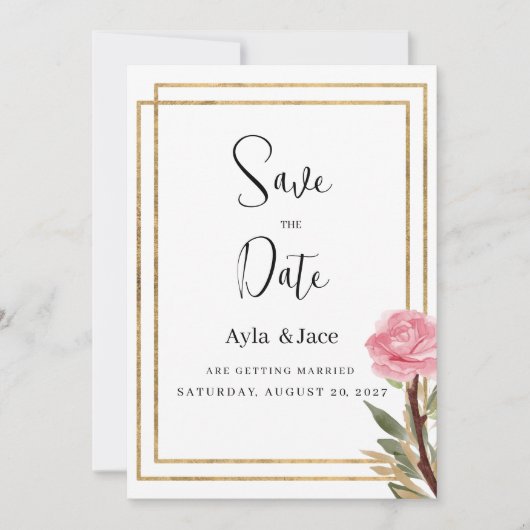 Geometrische witte gouden roze bloem Save the Date Kaart (Voorkant)
