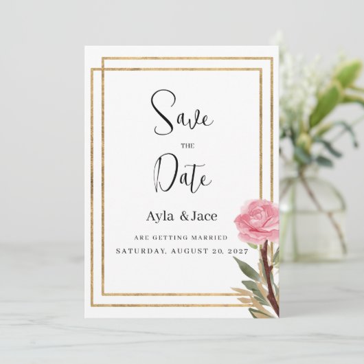 Geometrische witte gouden roze bloem Save the Date Kaart (Staand voorkant)