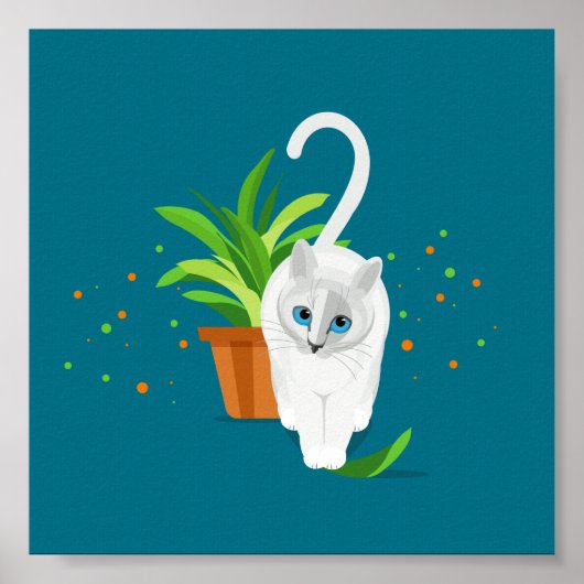 Geometrische witte kat die langs een plant pot loo poster (Voorkant)
