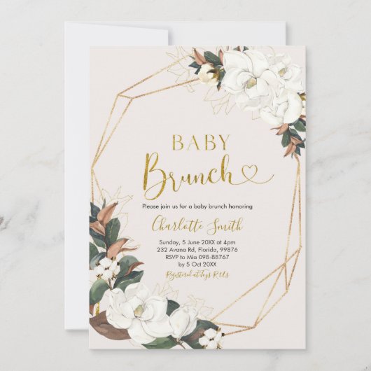 Geometrische witte Magnolia Baby Brunch Uitnodigin Kaart (Voorkant)