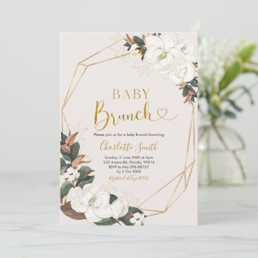 Geometrische witte Magnolia Baby Brunch Uitnodigin Kaart (Staand voorkant)