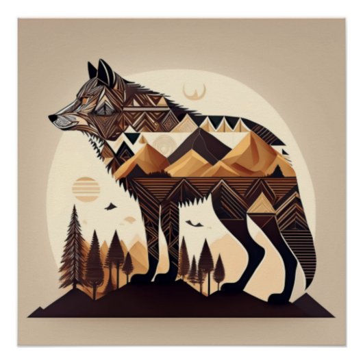 Geometrische Wolf Mountain Scene Design Perfect Poster (Voorkant)