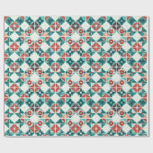 Geometrische Xmas Blauw Rood Gestileerde Bloemen P Cadeaupapier (Vlak)