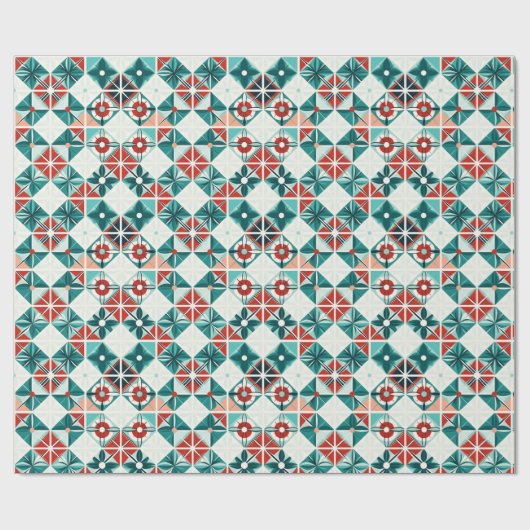Geometrische Xmas Blauw Rood Gestileerde Bloemen P Cadeaupapier (Vlak)