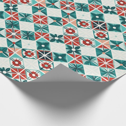 Geometrische Xmas Blauw Rood Gestileerde Bloemen P Cadeaupapier (Hoek)