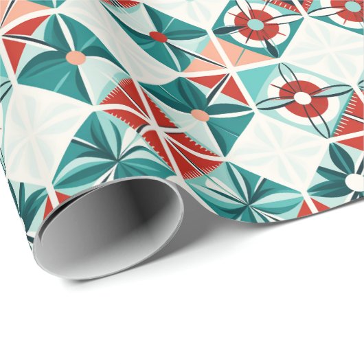 Geometrische Xmas Blauw Rood Gestileerde Bloemen P Cadeaupapier (Rol Hoek)