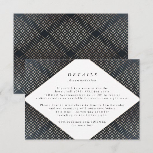 Geometrische zeemacht Gold Gatsby Wedding Enclosur RSVP Kaartje (Voorkant / Achterkant)