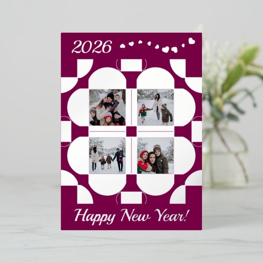 Geometrische zilveren lijsten - 4 foto's happy new folie feestdagenkaart (Staand Voorkant)