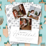 Geometrische zilveren sterren van David Hanukkah 3 Feestdagenkaart<br><div class="desc">Deze moderne Hanukkah-kaart is voorzien van 3 onmiddellijke fotocollage op een achtergrondpatroon van geometrische sterren. De groet is een mix typografie van een trendy handschrijvend manuscript en eenvoudige sans serif tekst. De "Happy Hanukkah"-groet en -achtergrond kunnen worden gewijzigd in elke kleur van uw keuze. Ontworpen / oorspronkelijke illustratie door vet*fa*tin....</div>