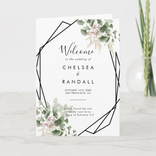 Geometrische zomer Floral Foliage Folded Wedding Programma (Voorkant)