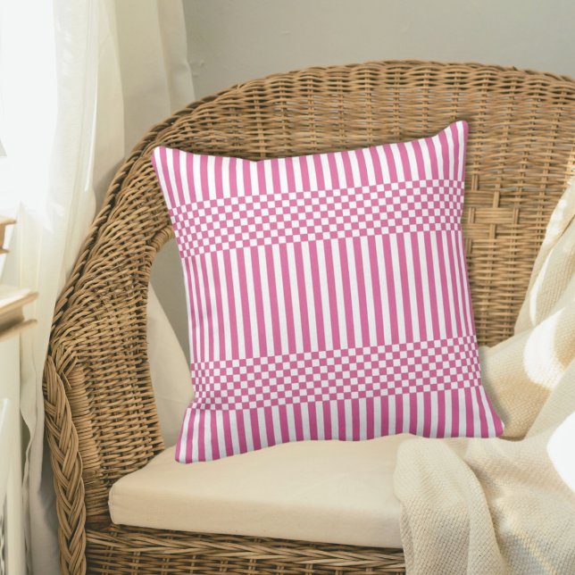 Geometrische zomerroze en witte strepen en chequeb kussen (Pink & White Stripes & Checker )