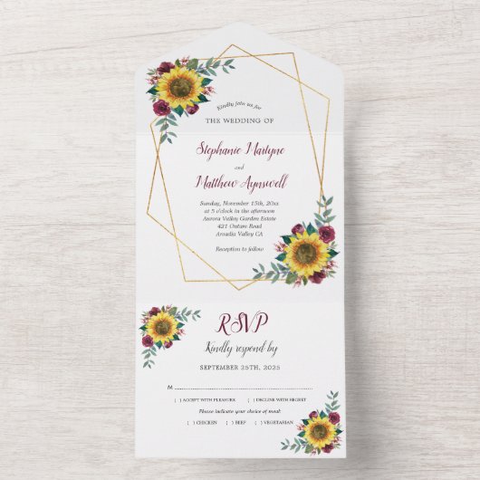 Geometrische zonnebloem Burgundy Roos Moderne brui All In One Uitnodiging (Binnen)