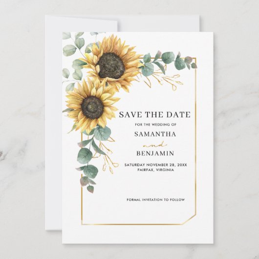 Geometrische zonnebloem Eucalyptus Save The Date (Voorkant)