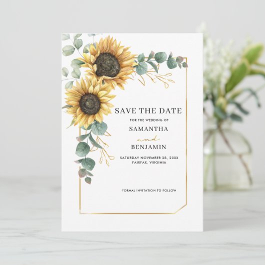 Geometrische zonnebloem Eucalyptus Save The Date (Staand voorkant)