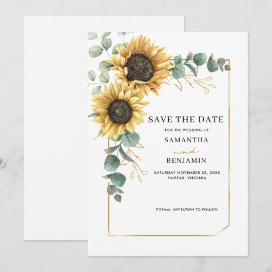 Geometrische zonnebloem Eucalyptus Save The Date (Voorkant / Achterkant)