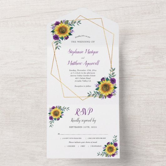 Geometrische zonnebloem Paars Roos Moderne bruilof All In One Uitnodiging (Binnen)