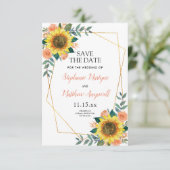 Geometrische zonnebloem perzik Roos bruiloft Save The Date (Staand voorkant)