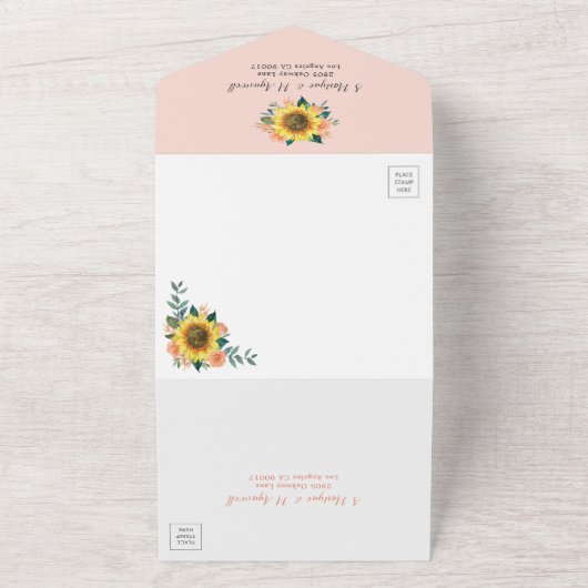 Geometrische Zonnebloem Perzik Roos Modern Bruilof All In One Uitnodiging (Buitenkant)