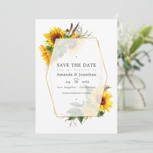 Geometrische zonnebloem Rustic Barn Country Wedden Kaart (Staand voorkant)