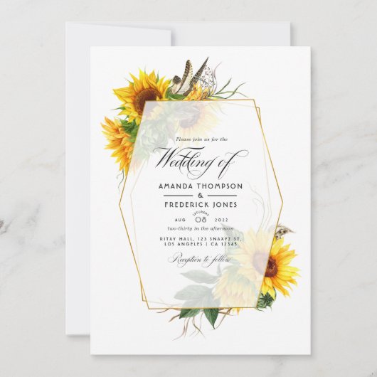 Geometrische zonnebloem Rustic Barn Country Wedden Kaart (Voorkant)