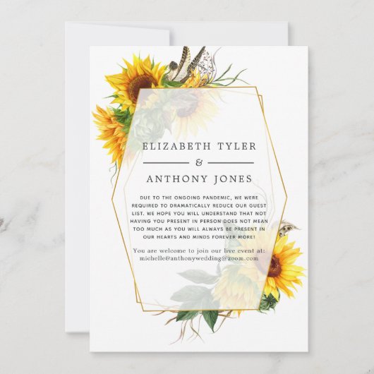Geometrische zonnebloemen bruiloft ingekorte gaste aankondiging (Voorkant)