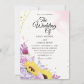 geometrische zonnebloemen en paarse trouwuitnodigi kaart (Voorkant)