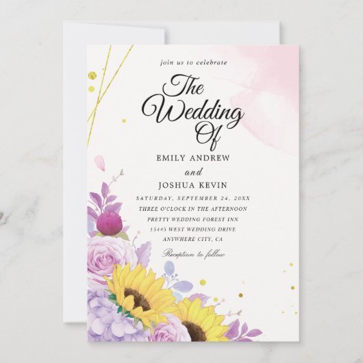 geometrische zonnebloemen en paarse trouwuitnodigi kaart (Voorkant)