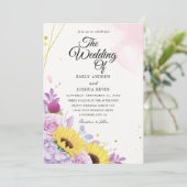 geometrische zonnebloemen en paarse trouwuitnodigi kaart (Staand voorkant)