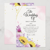 geometrische zonnebloemen en paarse trouwuitnodigi kaart (Voorkant / Achterkant)