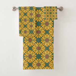 Geometrische zonnebloempatronen op donkergroen bad handdoek