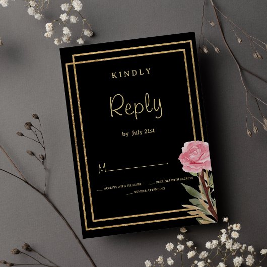 Geometrische zwart goud roze mint bloem RSVP Kaart