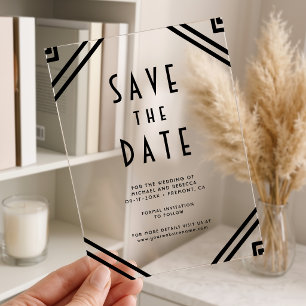 Geometrische Zwarte Art Deco Trouw Save the Date Acryl Uitnodigingen