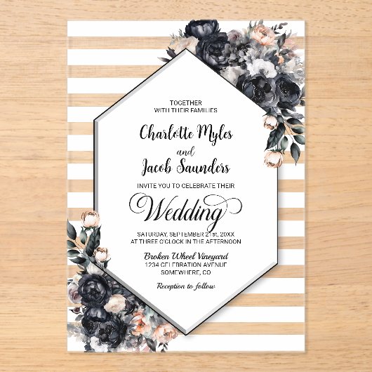 Geometrische zwarte bloemen acryl bruiloft uitnodi acryl uitnodigingen (Voorkant)