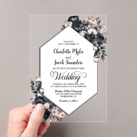 Geometrische zwarte bloemen acryl bruiloft uitnodi acryl uitnodigingen (Insitu (Draagbaar))
