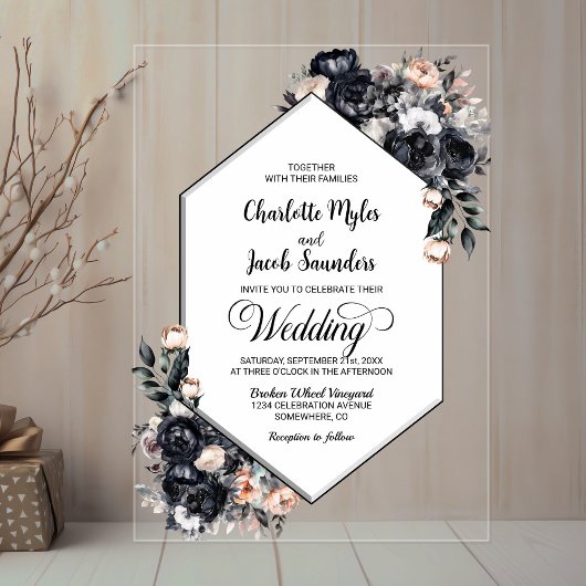 Geometrische zwarte bloemen acryl bruiloft uitnodi acryl uitnodigingen