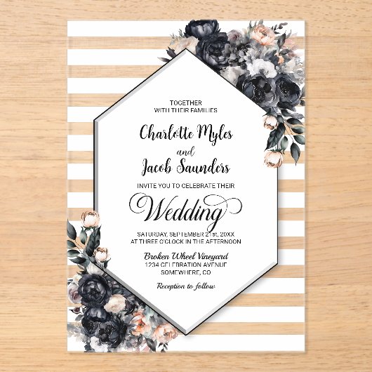 Geometrische zwarte bloemen acryl bruiloft uitnodi uitnodigingen (Voorkant)