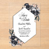 Geometrische zwarte bloemenacryl Bewaar de datum Acryl Uitnodigingen (Voorkant)