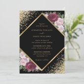 Geometrische zwarte Bourgogne Blush Gouden Bloemen Kaart (Staand voorkant)